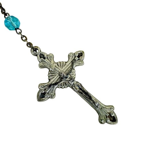 Aqua Clear Beads Metal Silver Chain Rosary Catholic Cross - Picture 3 of 3
